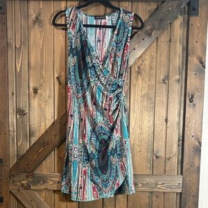 Sleeveless Paisley Print Wrap-Style Dress in Teal & Pink